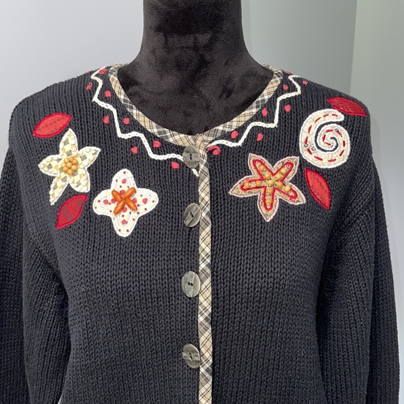 Vintage Orivis ramie cardigan sweater Medium floral animals patch embroidered - Picture 2 of 16